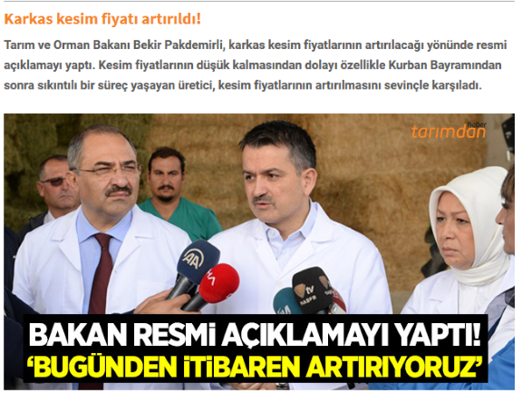 Karkas kesim fiyatı artırıldı